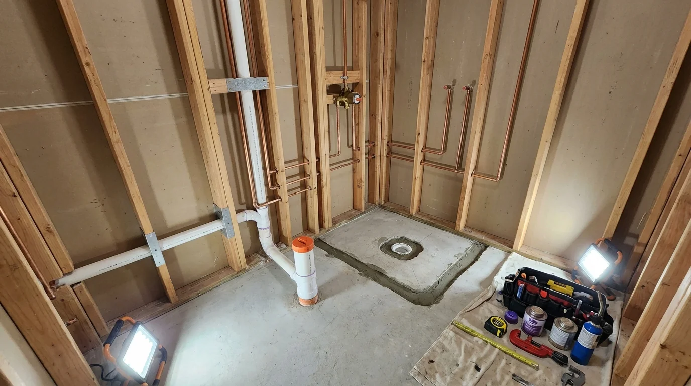 Bathroom rough-in plumbing during remodel by Johns Plumbing LLC in Iota