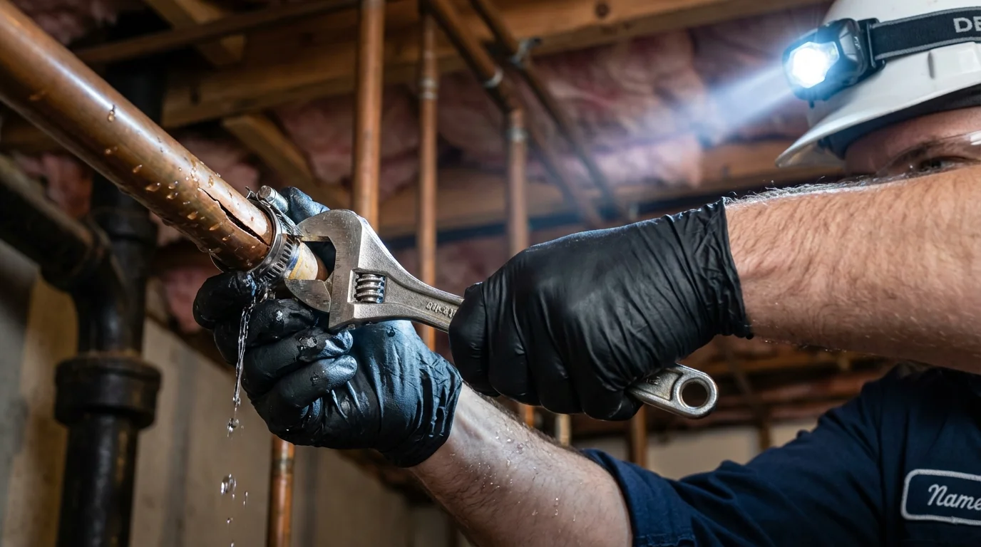 Emergency pipe clamp repair being performed by a Johns Plumbing LLC plumber in Iota