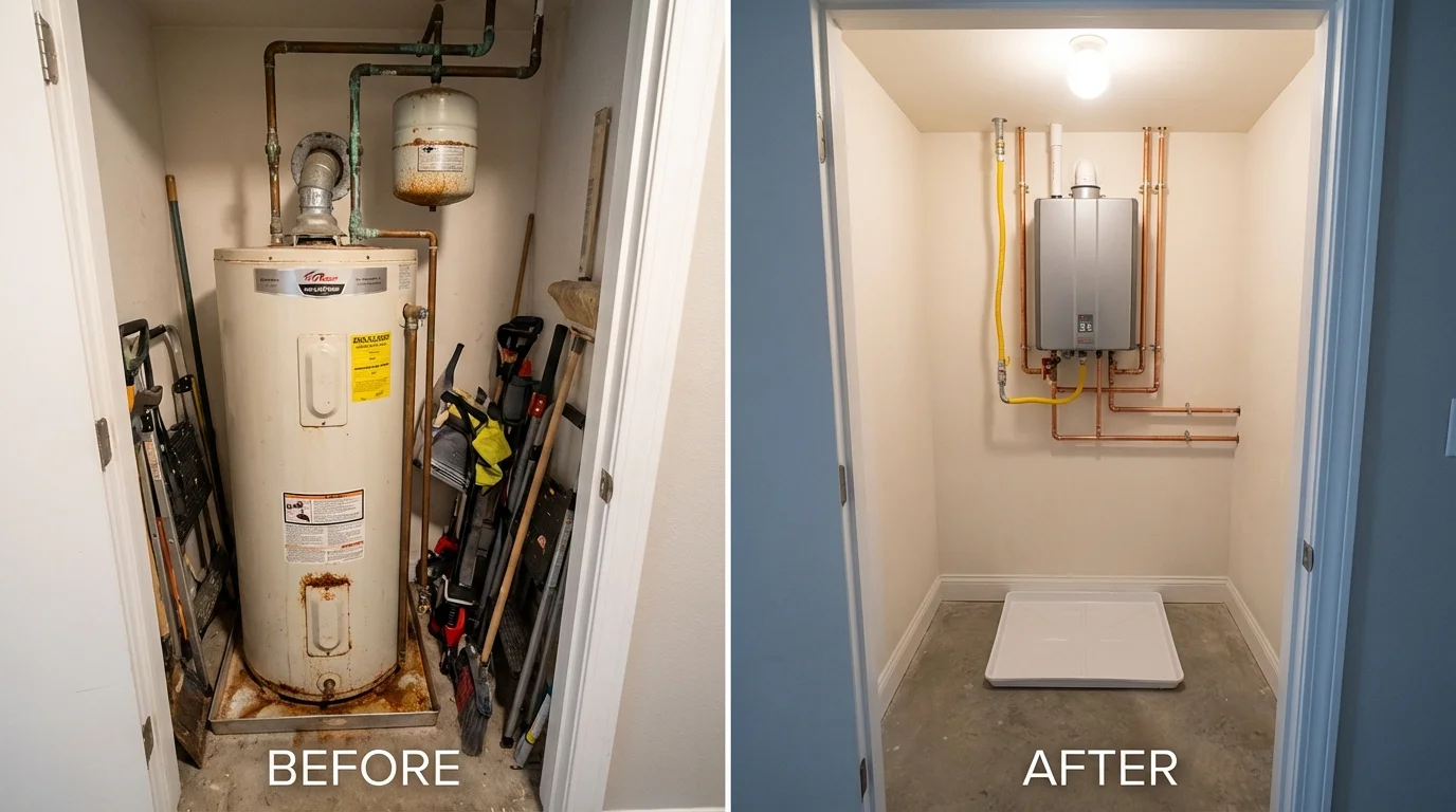 Tank water heater versus wall-mounted tankless unit comparison for Iota, LA homeowners