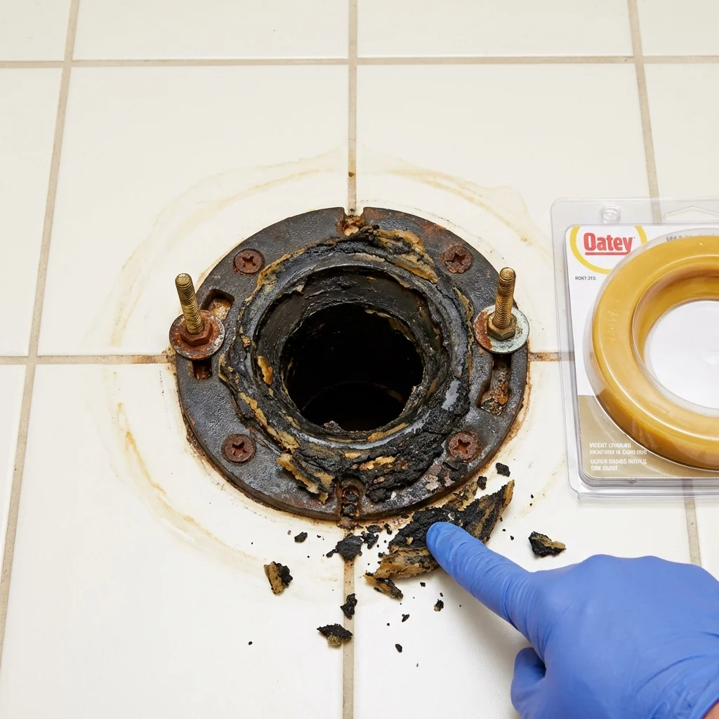 Failed wax ring showing water seepage at the base of a toilet in a Iota, LA home