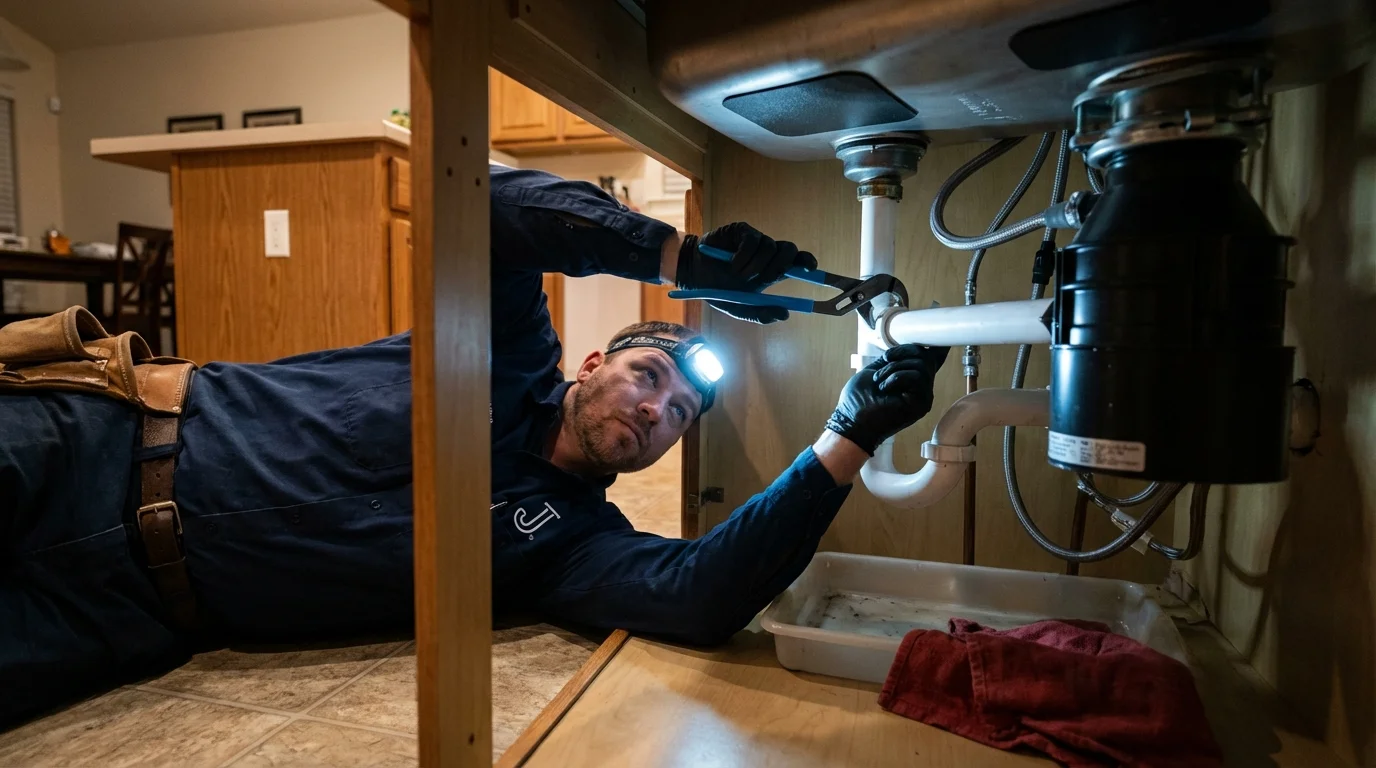 P-trap and supply line connections under a kitchen sink showing a common leak point in Iota, LA